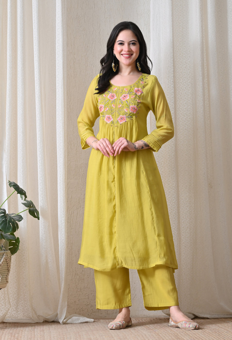 Yellow Floral Embroidered Empire Thread Work Kurta with Palazzos & With Dupatta