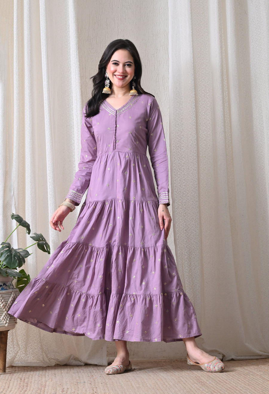 Purple Cotton Flair Dress With Dupatta For Women