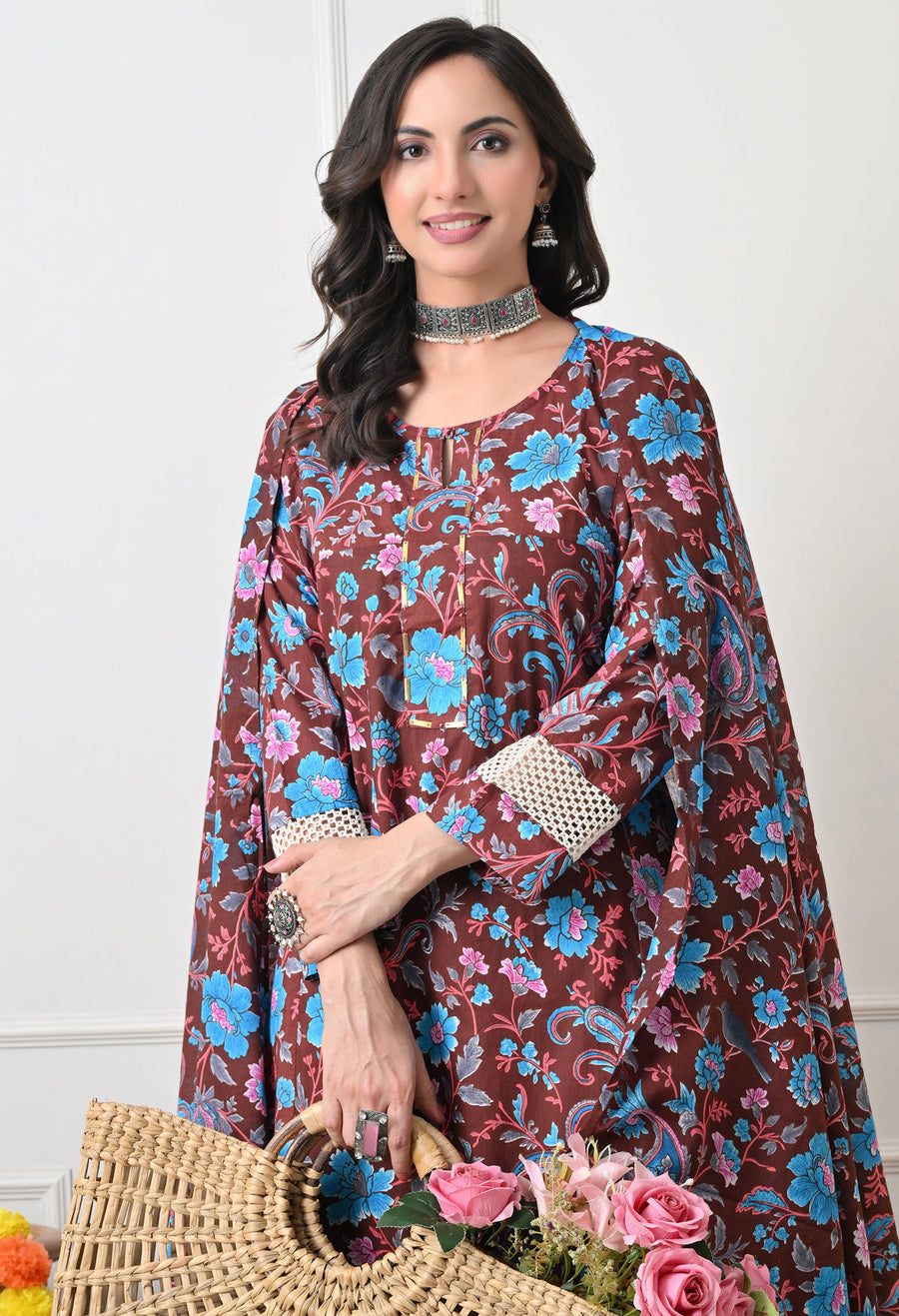 Rust Floral Printed Regular Pure Cotton Kurta with Palazzos & With Dupatta