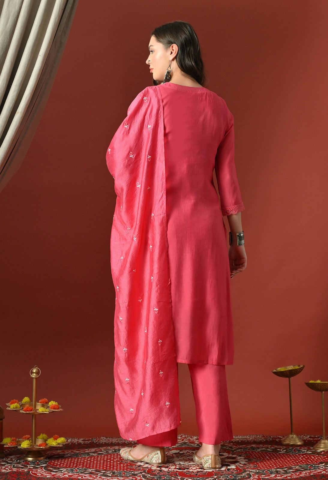 Pink Straight Kurta With Plazzo And Dupatta For Women - 2912 view 4