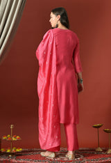 Pink Straight Kurta With Plazzo And Dupatta For Women - 2912 view 4