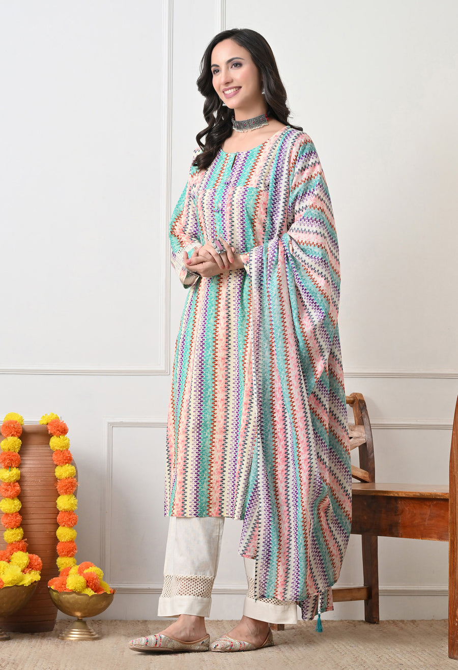 Purple Printed Regular Pure Cotton Kurta with Trousers & With Dupatta