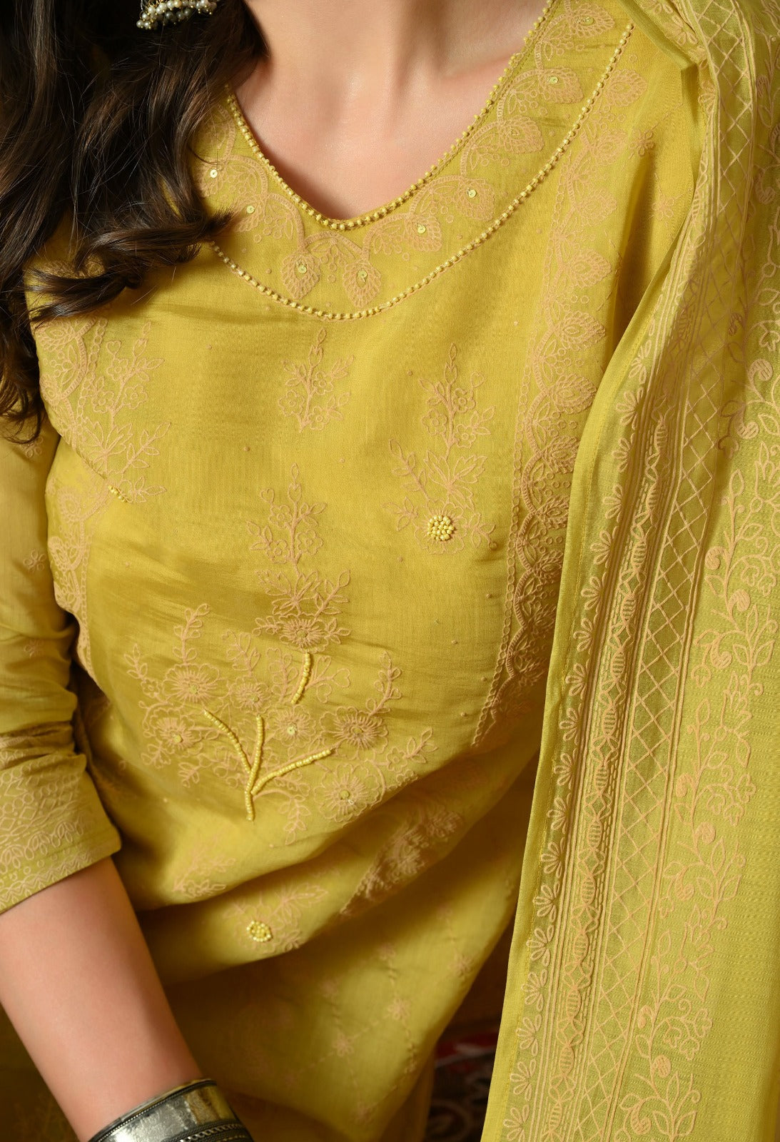 Yellow Straight Kurta With Plazzo And Dupatta For Women - 2659 view 3