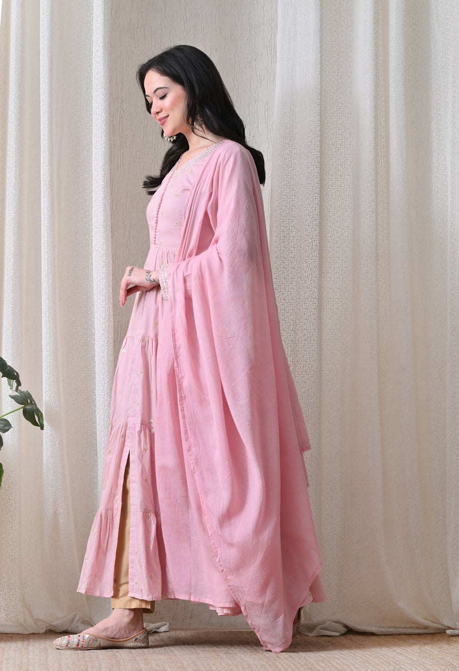 Pink Cotton Flair Dress With Dupatta For Women