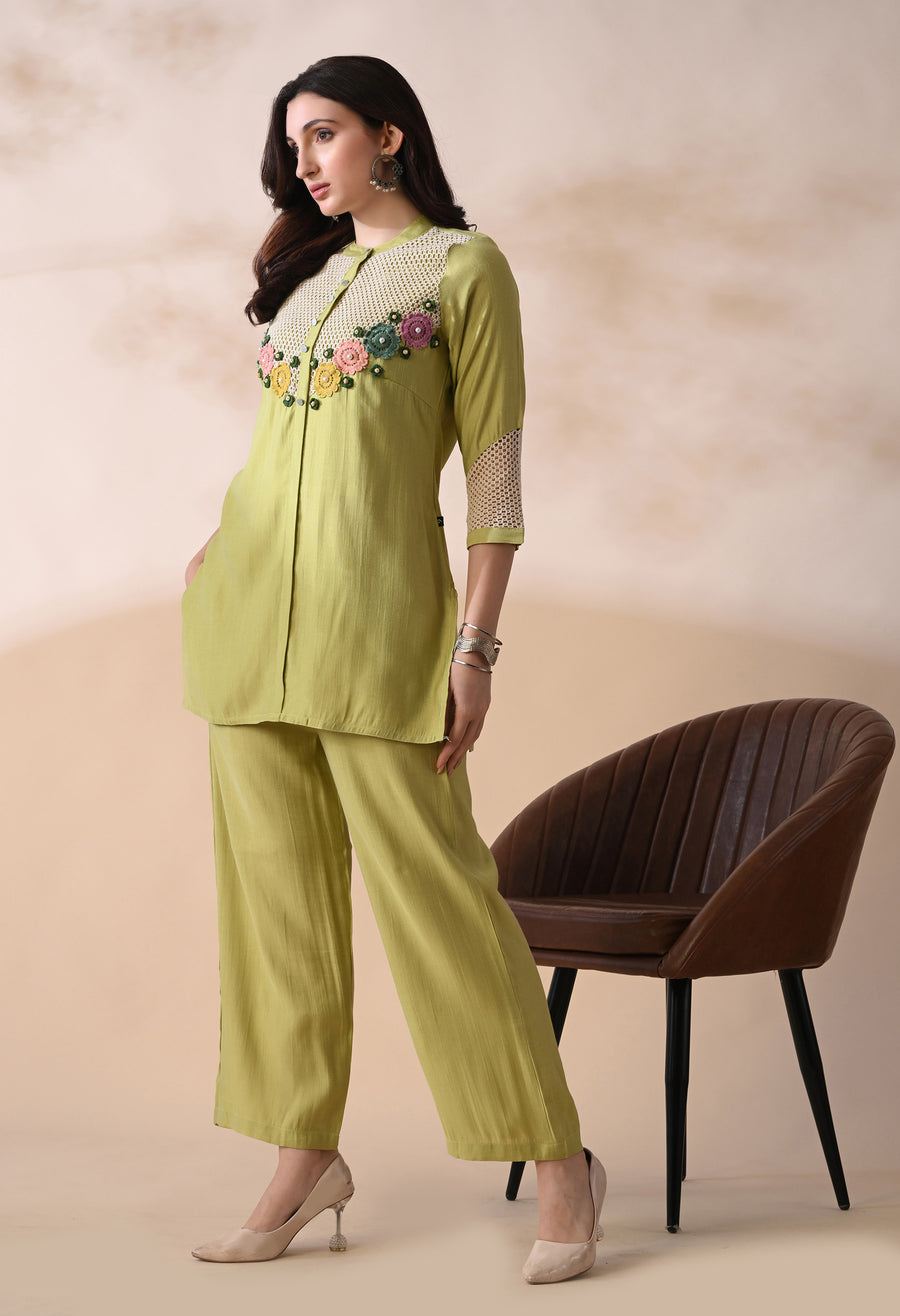 Green Crochet Embellished Tunic with Trousers