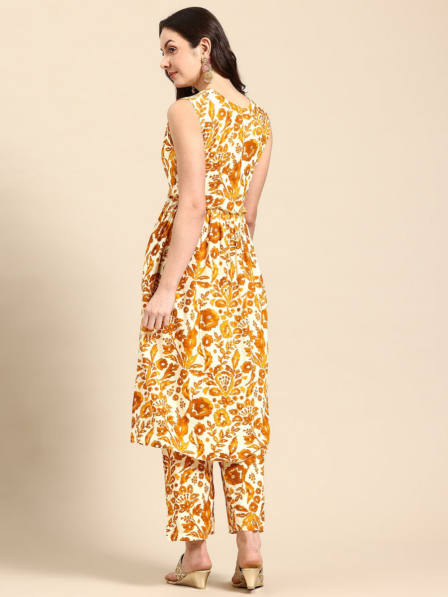 Yellow Floral Printed Empire Kurta with Trousers