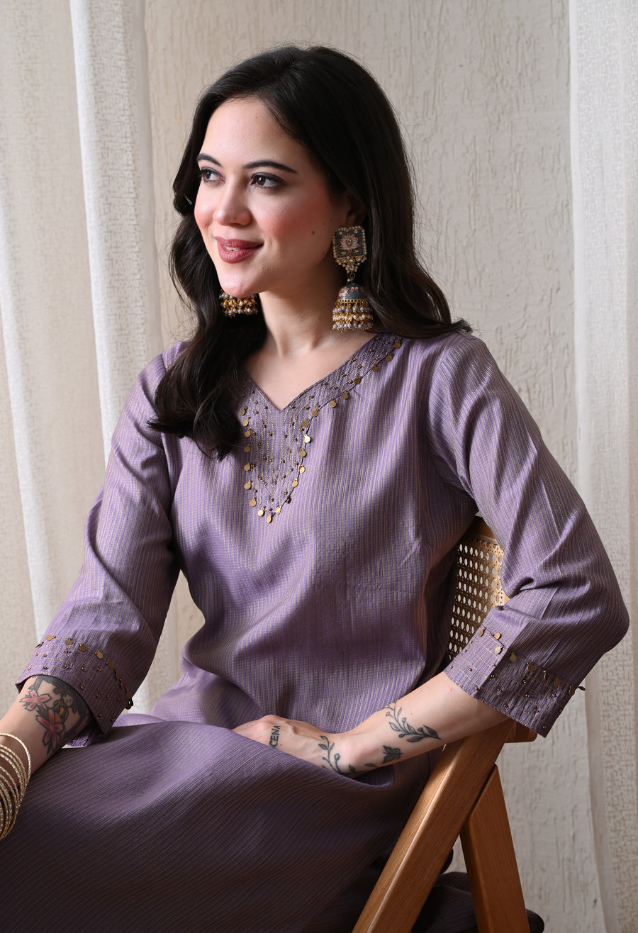 Purple Striped Woven Design Kurta with Trousers & Dupatta