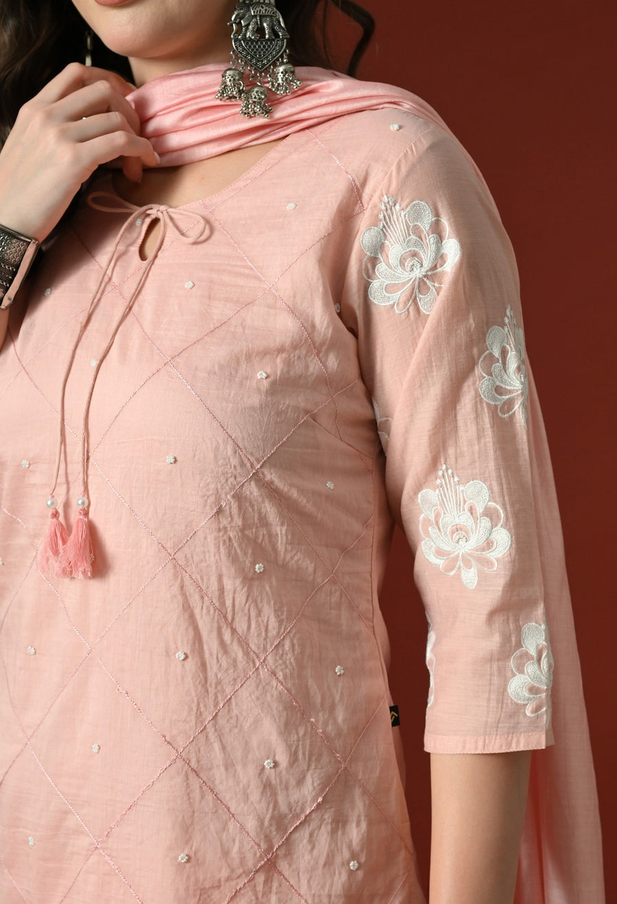 Peach Ethnic Motifs Embroidered Regular Thread Work Chanderi Cotton Kurta with Dupatta