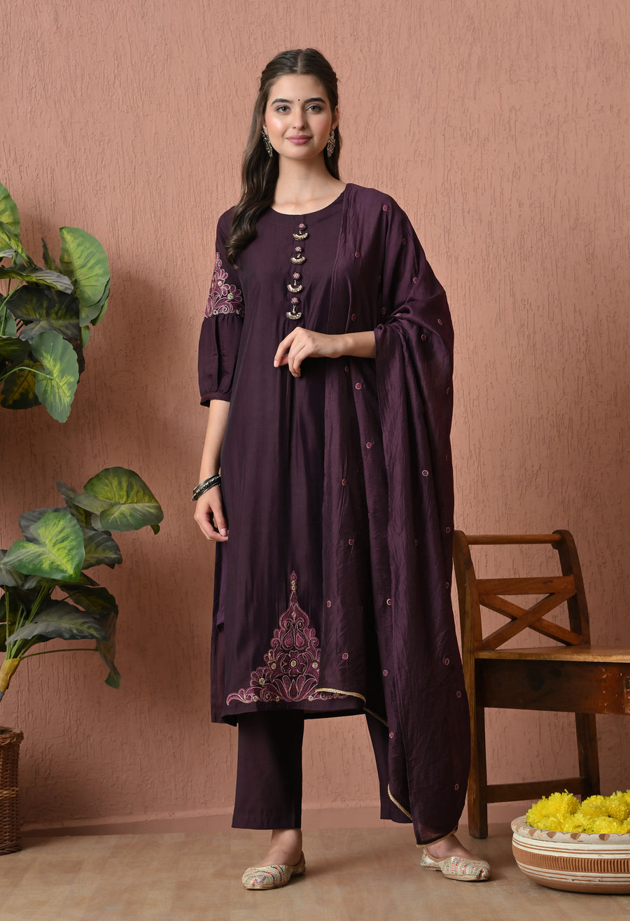 Purple Ethnic Motifs Embroidered Thread Work Kurta Trousers & Dupatta