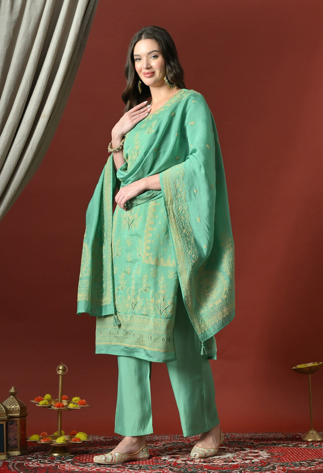 Green Straight Kurta With Plazzo And Dupatta For Women - 2659 view 1
