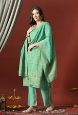 Green Straight Kurta With Plazzo And Dupatta For Women - 2659 view 1