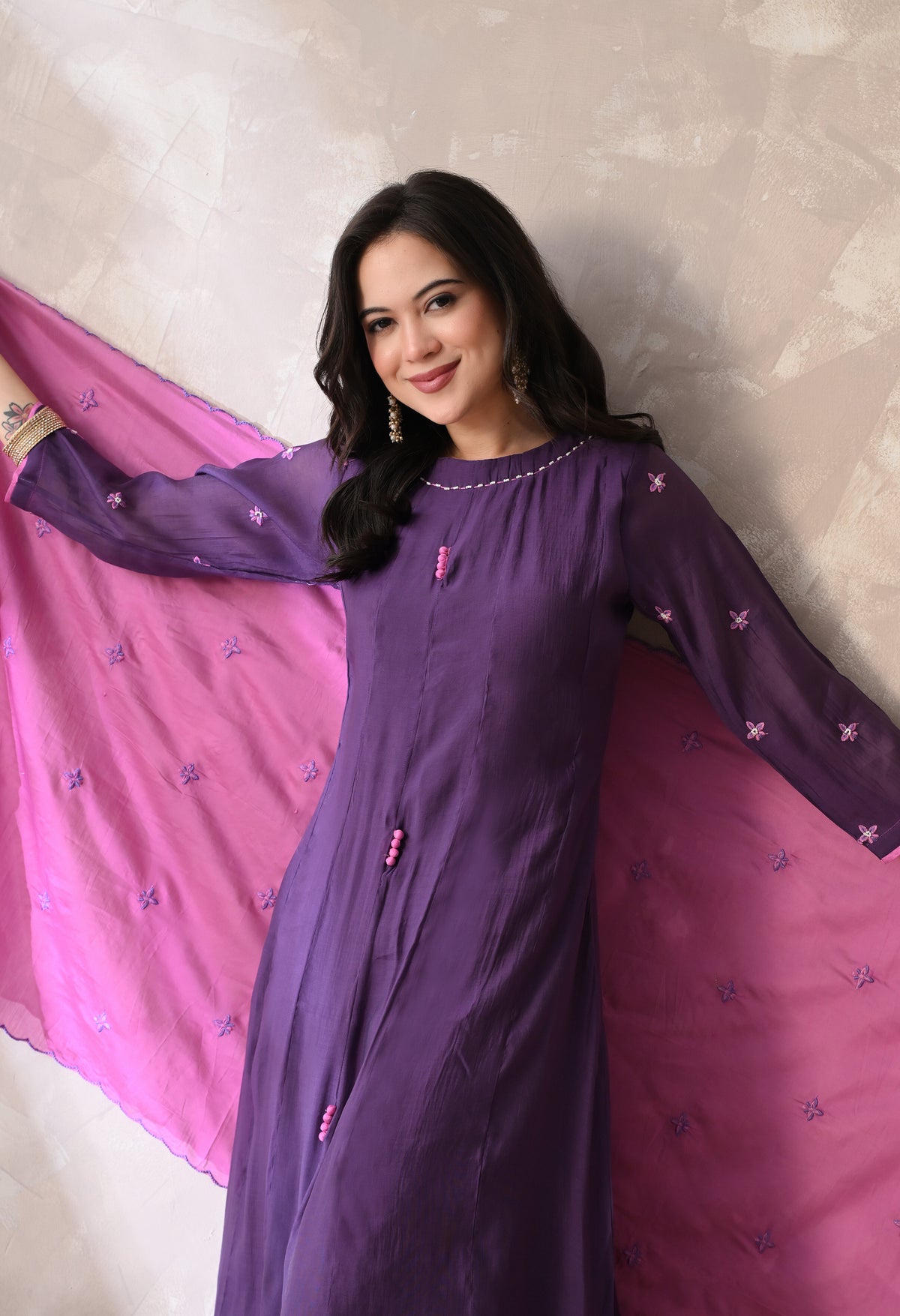 Purple A Line Top  Bottom & Dupatta  For Women - 2939 view 4