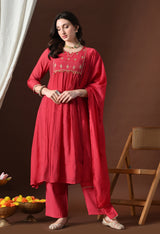 Red A Line With Plazzo And Dupatta For Women - 2906 view 1