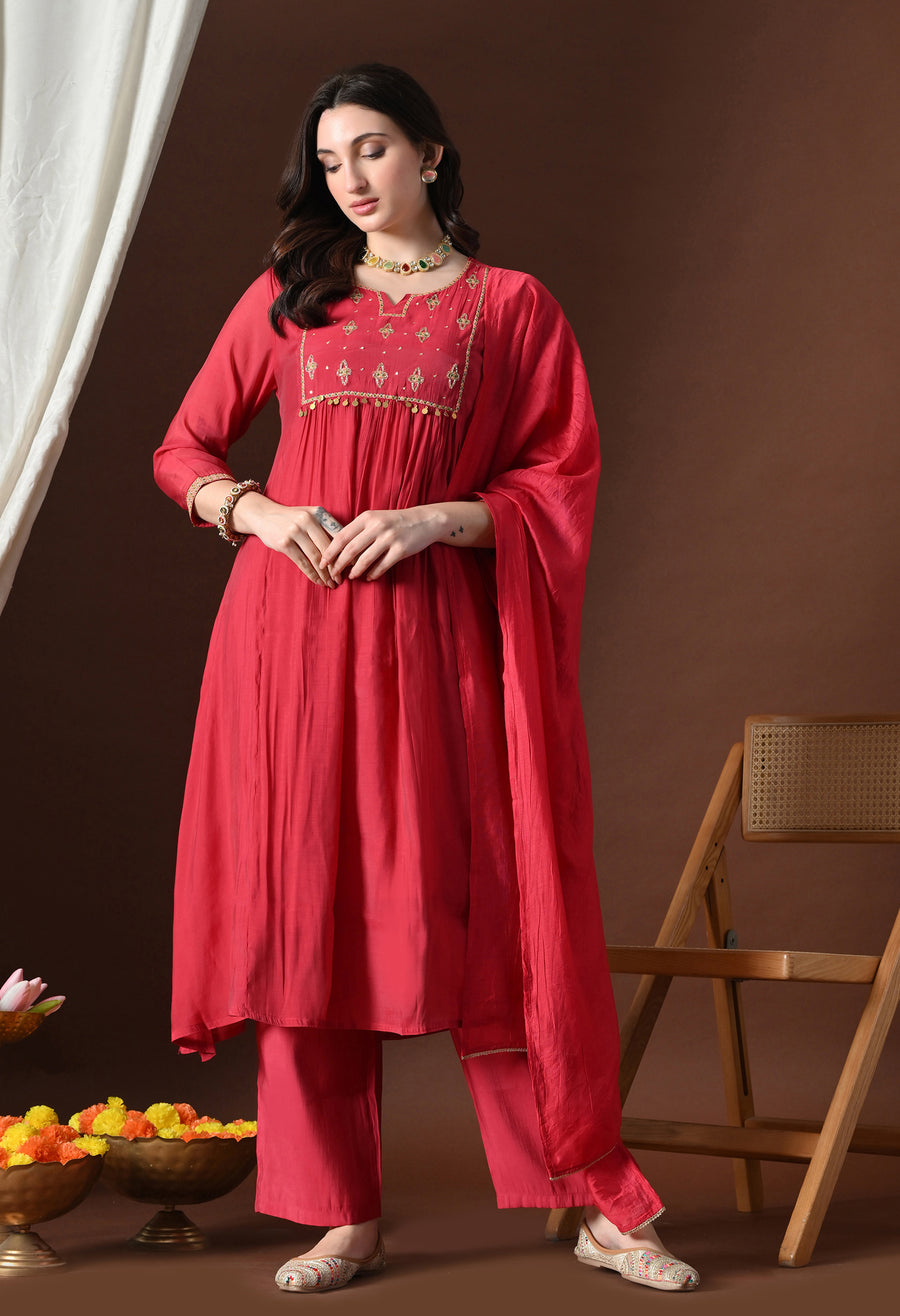 Red Ethnic Motifs Embroidered Empire Thread Work Kurta with Trousers & With Dupatta
