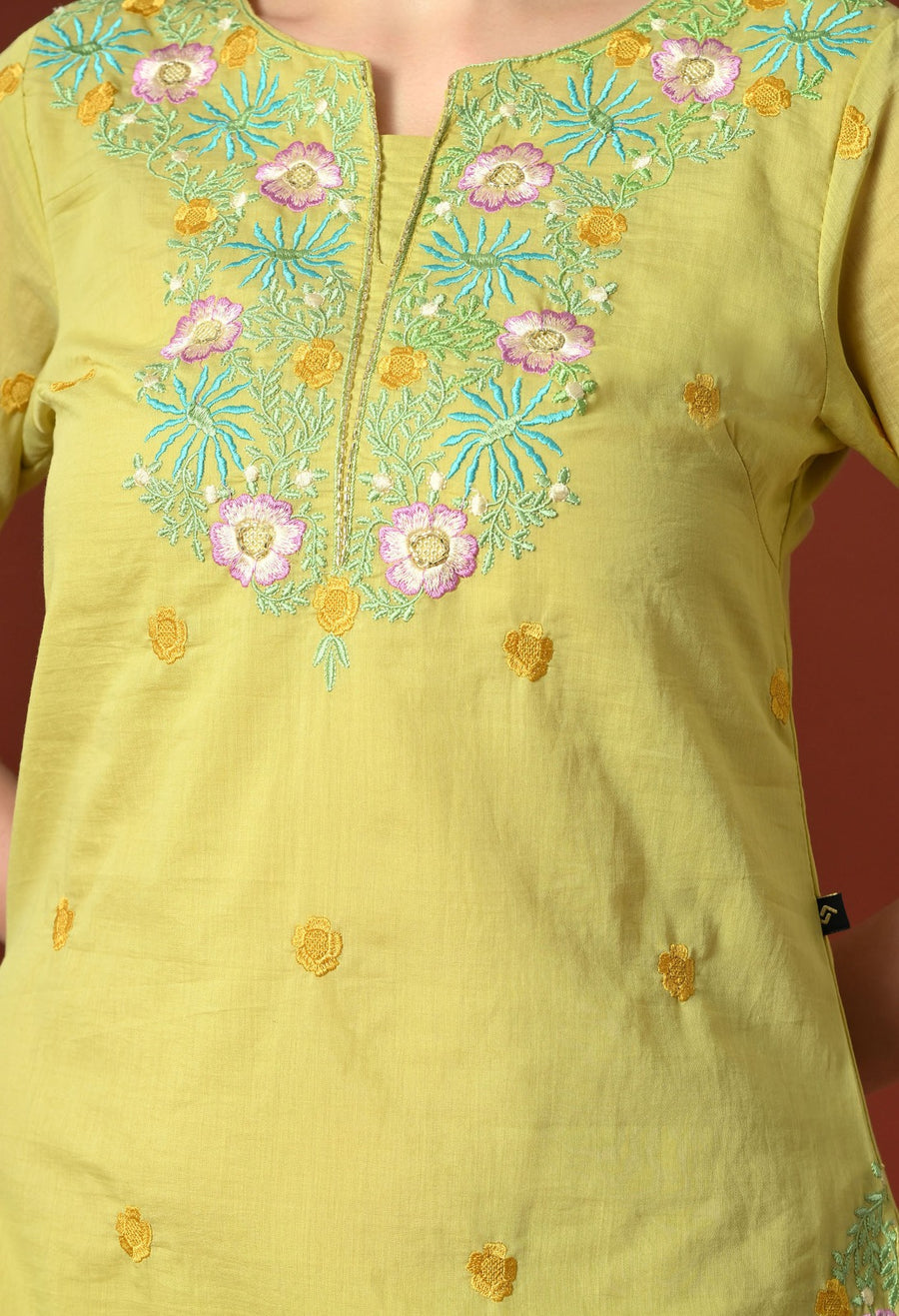 Mustard Floral Embroidered Regular Thread Work Chanderi Cotton Kurta with Trousers &