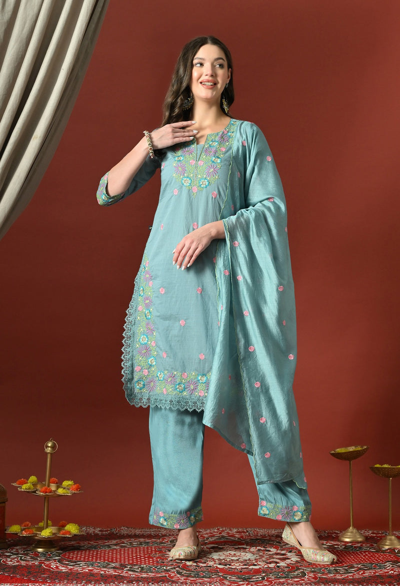 Straight Kurta With Plazzo And Dupatta For Women - SKY BLUE (2632-SKY BLUE)