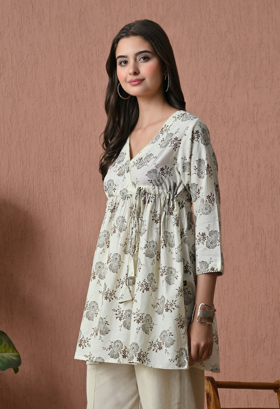 Brown Florals Cotton Printed Tunic with Palazzos