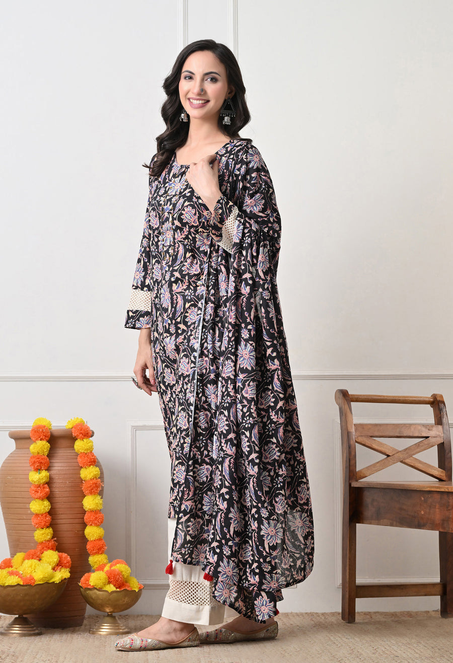 Black Floral Printed Regular Pure Cotton Kurta with Palazzos & With Dupatta