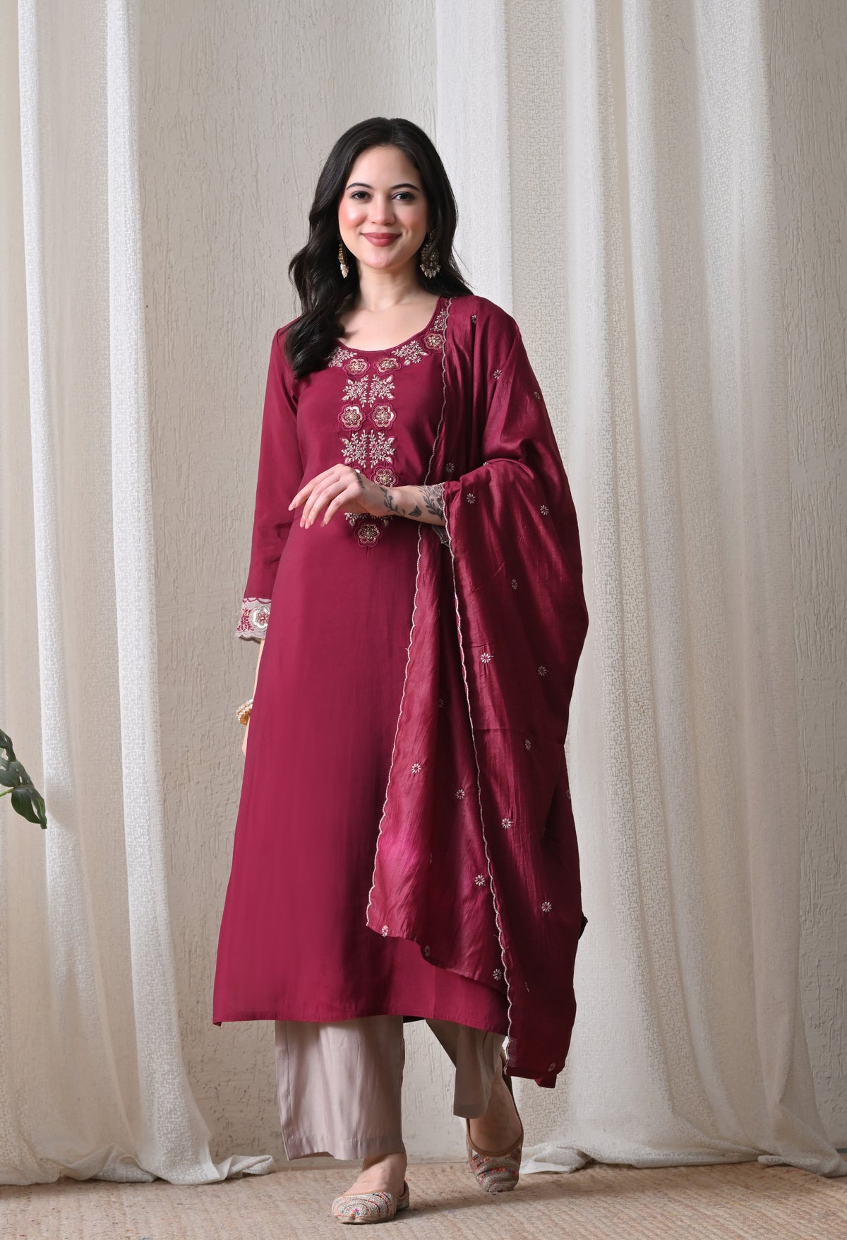 Wine Anarkali With Plazzo And Dupatta For Women - 2933 view 5