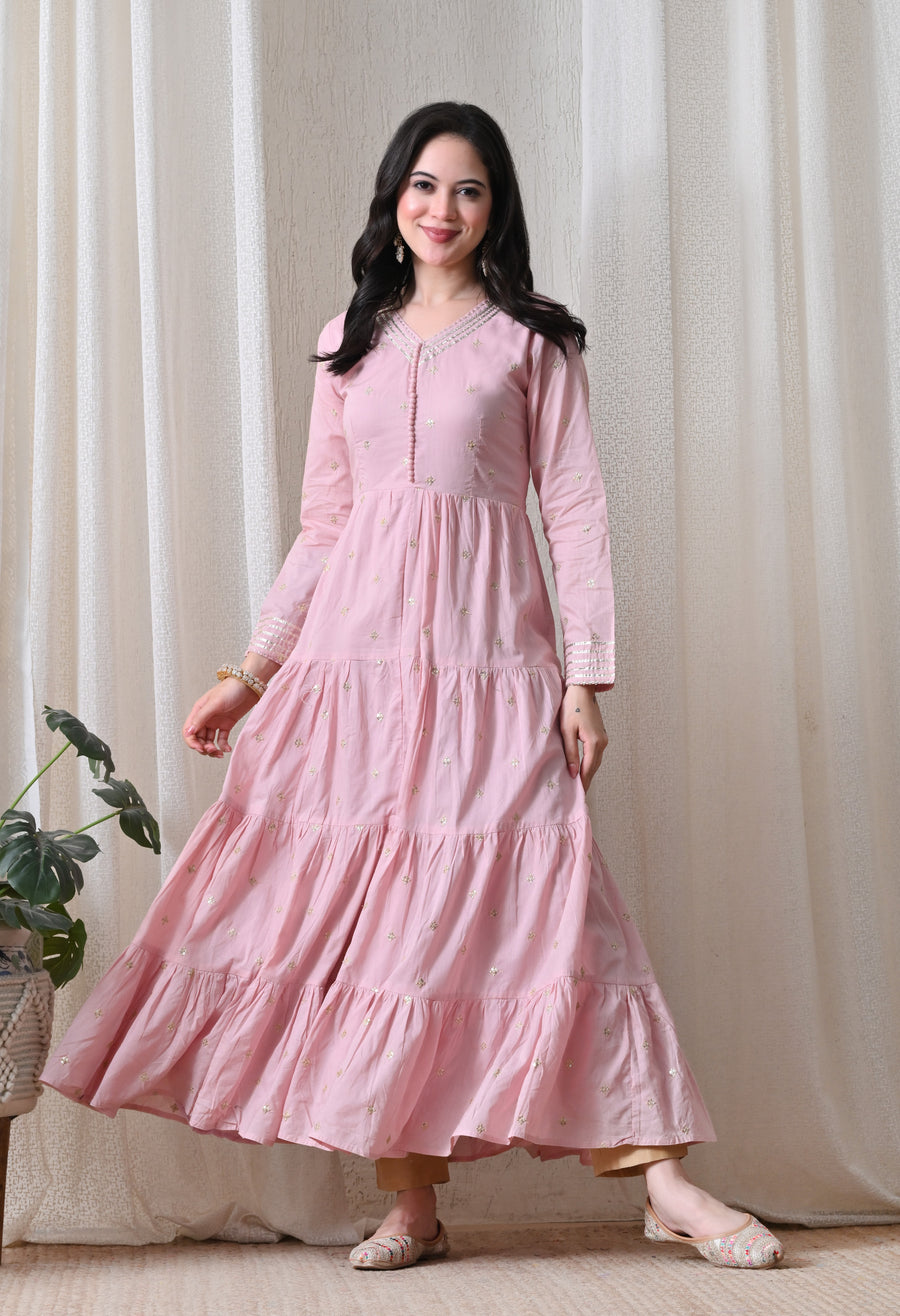 Pink Cotton Flair Dress With Dupatta For Women