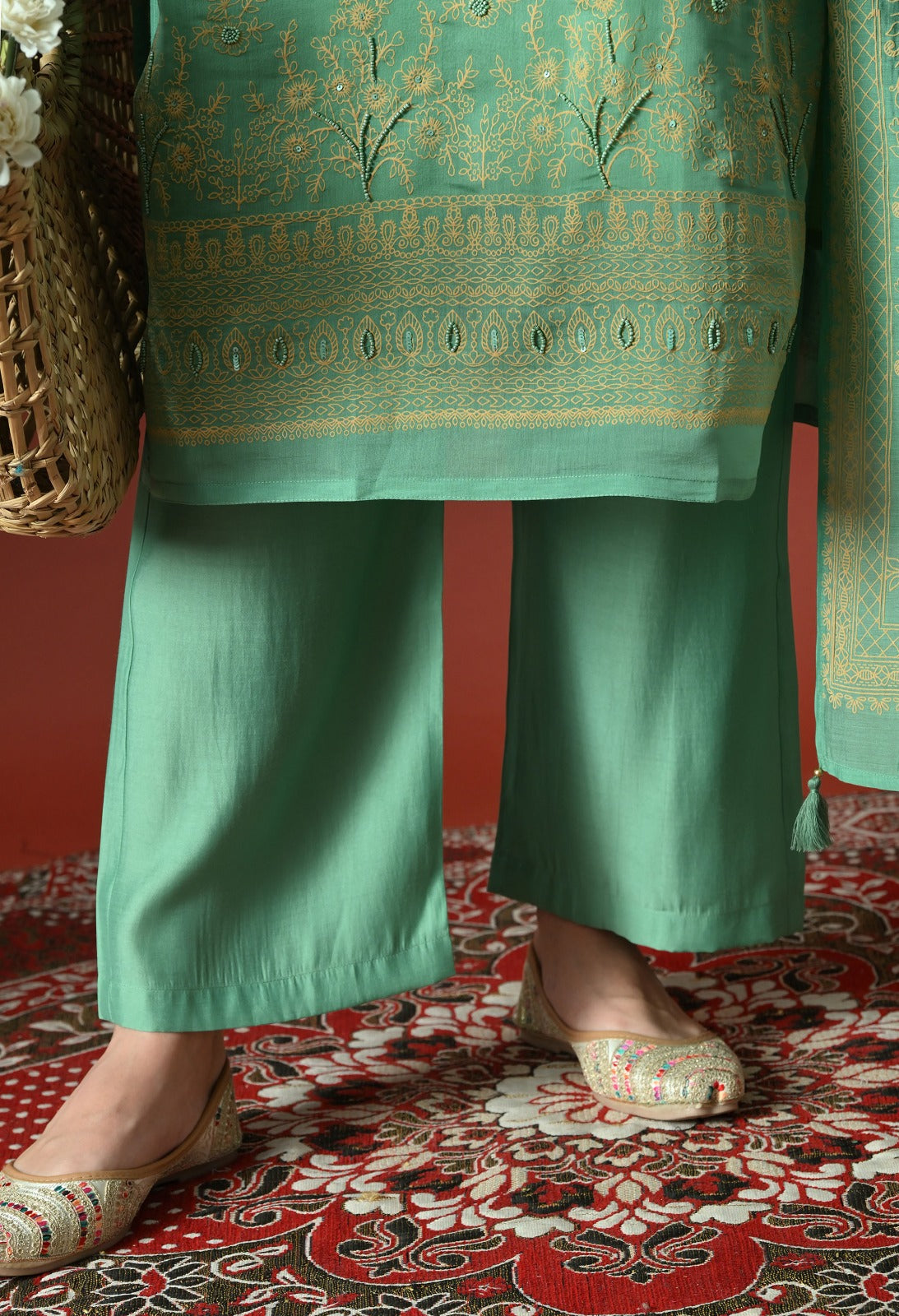 Green Straight Kurta With Plazzo And Dupatta For Women - 2659 view 3