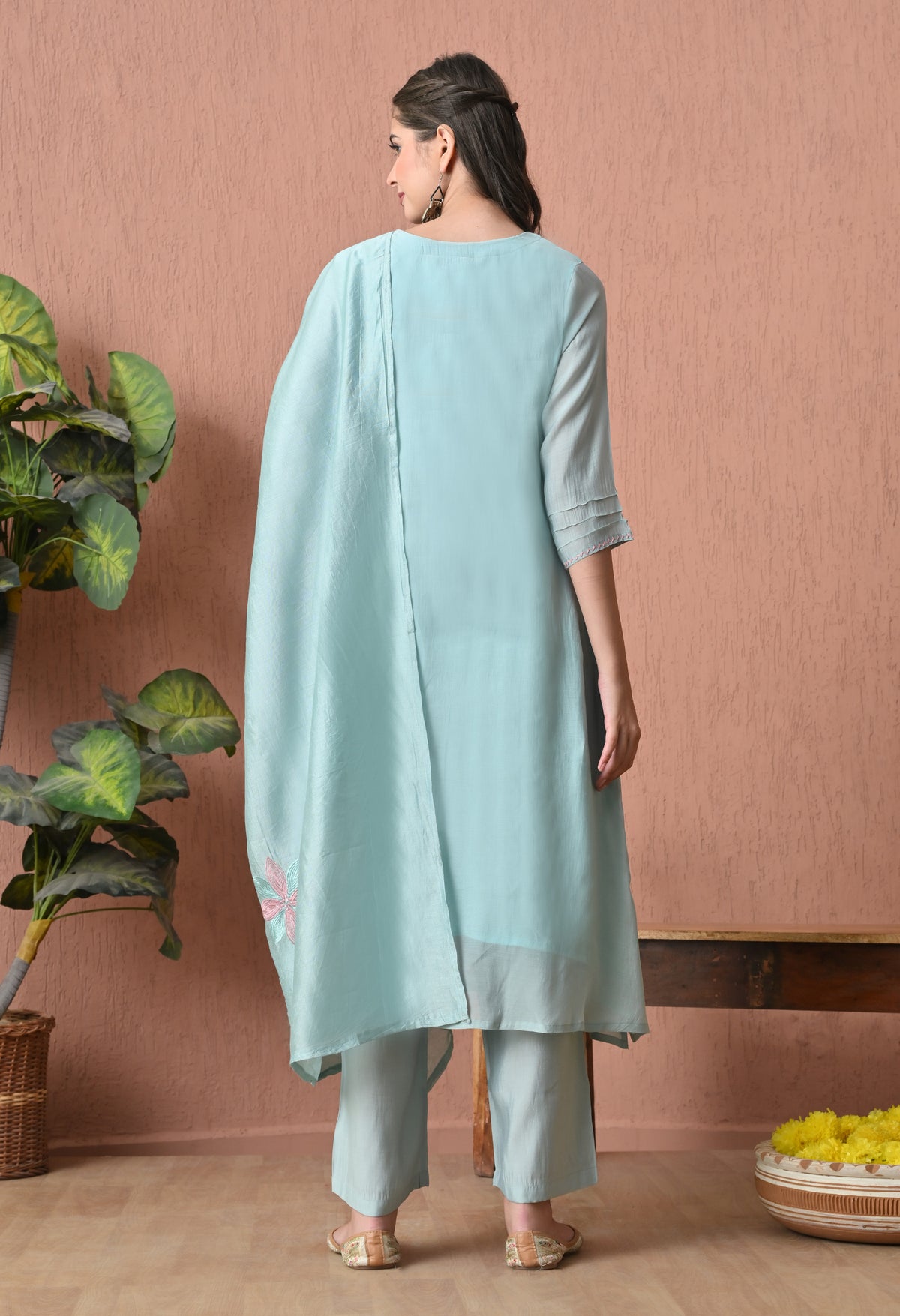 Sage Blue A Line Top  Bottom & Dupatta  For Women - 2904 view 5