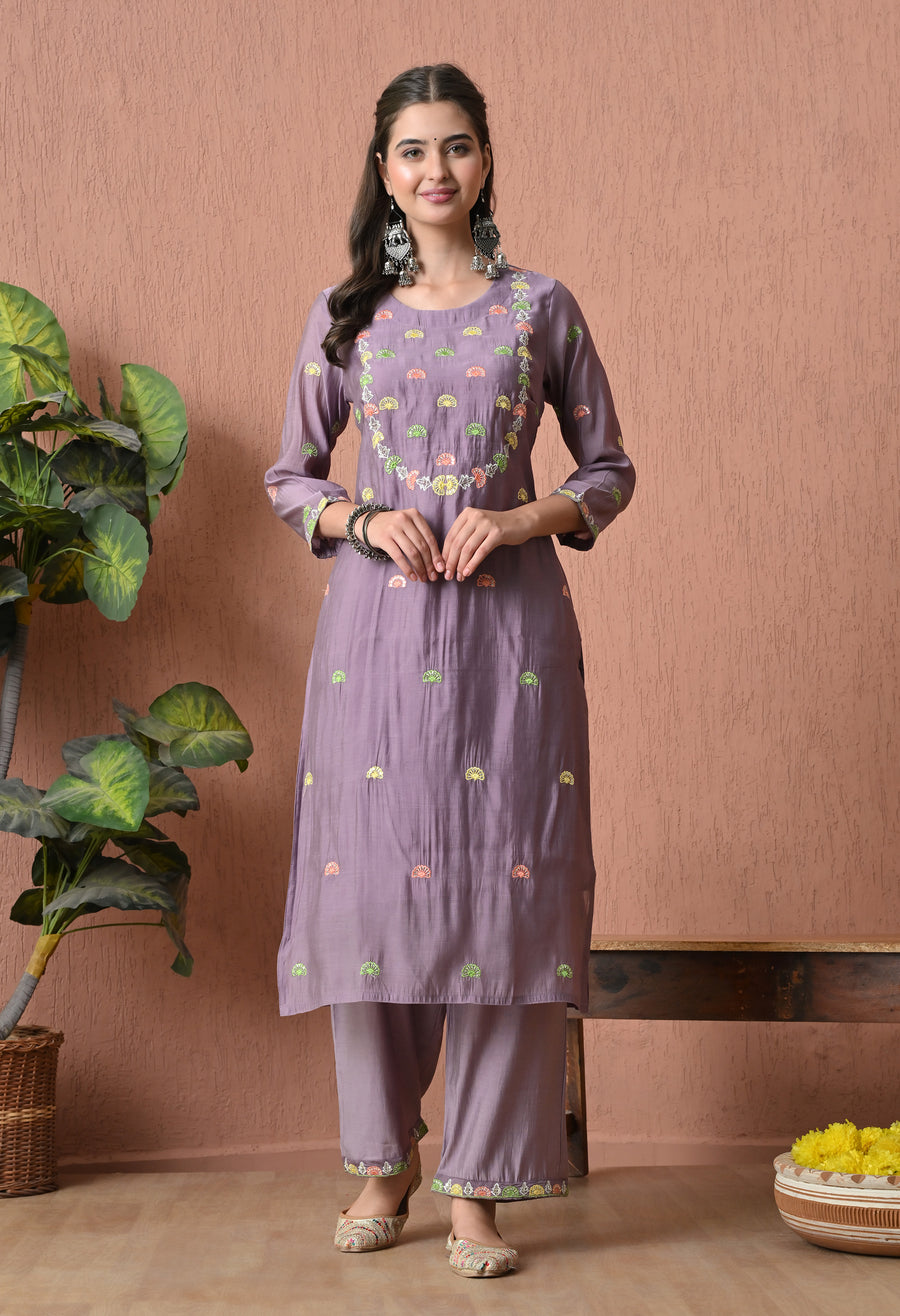 Purple Motifs Embroidered Regular Thread Work Kurta with Palazzos & Dupatta
