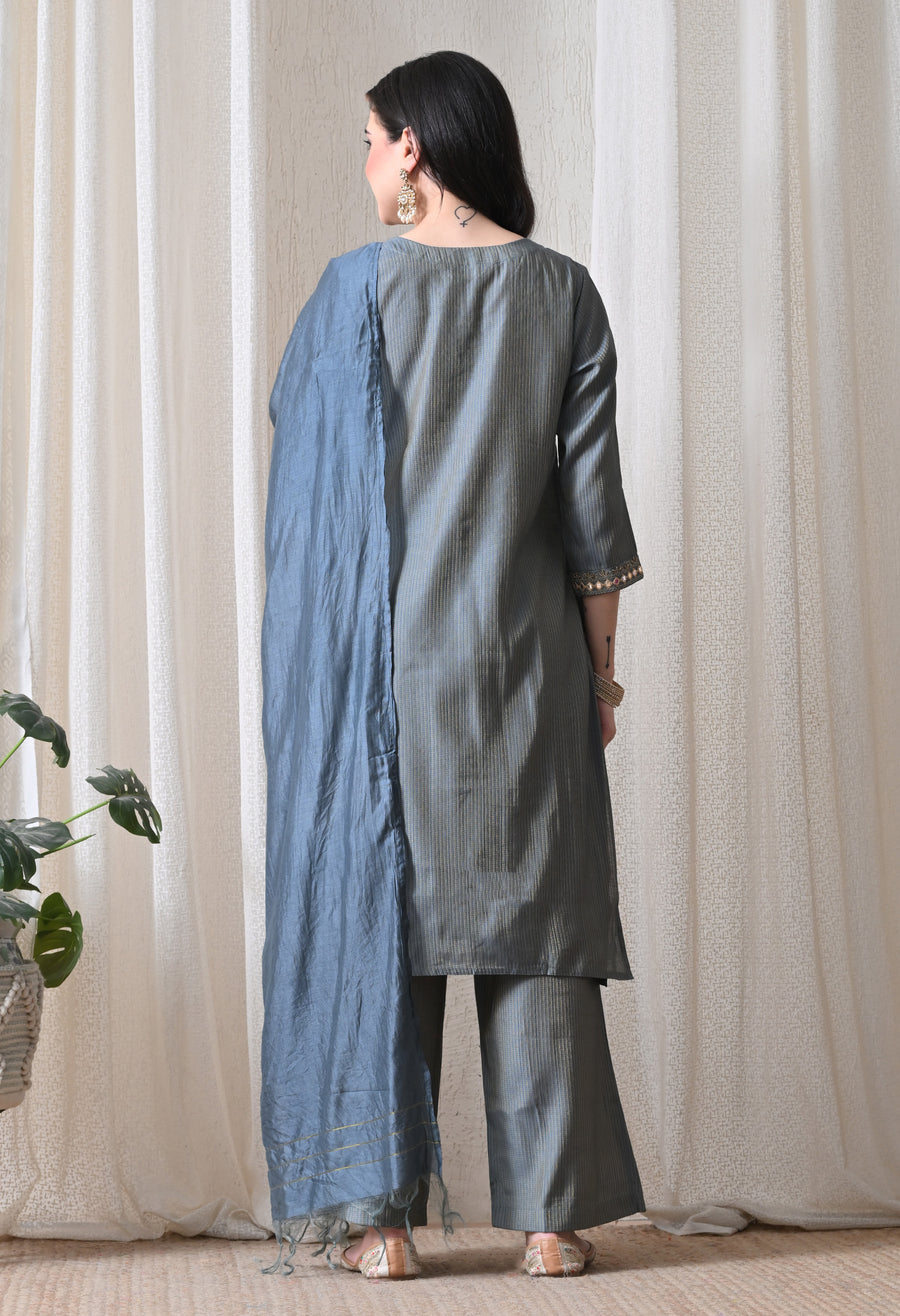Grey Striped Regular Thread Work Kurta With Trousers & Dupatta